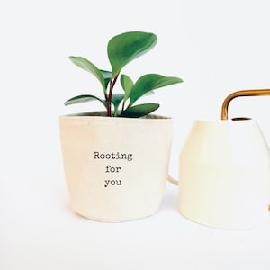 May include: A small green plant in a white fabric pot with the text "Rooting for you" printed on the front. The pot is next to a white watering can with a gold spout.