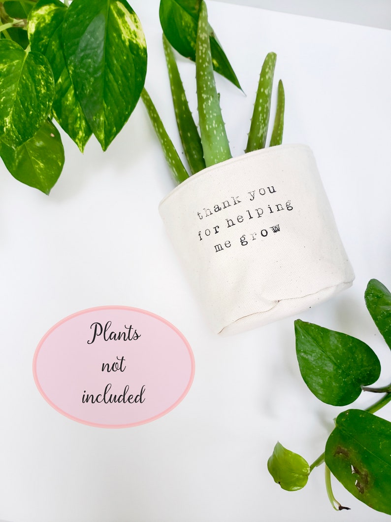 May include: White fabric pot with the text "thank you for helping me grow" printed on it. A green aloe vera plant is in the pot. The text "Plants not included" is written on a pink oval sticker.