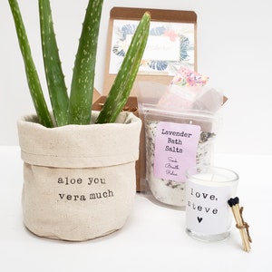 May include: A gift basket with a potted aloe plant, a bag of lavender bath salts, a candle, and matches. The plant pot has the text "aloe you vera much" on it. The candle has the text "love, steve" on it.