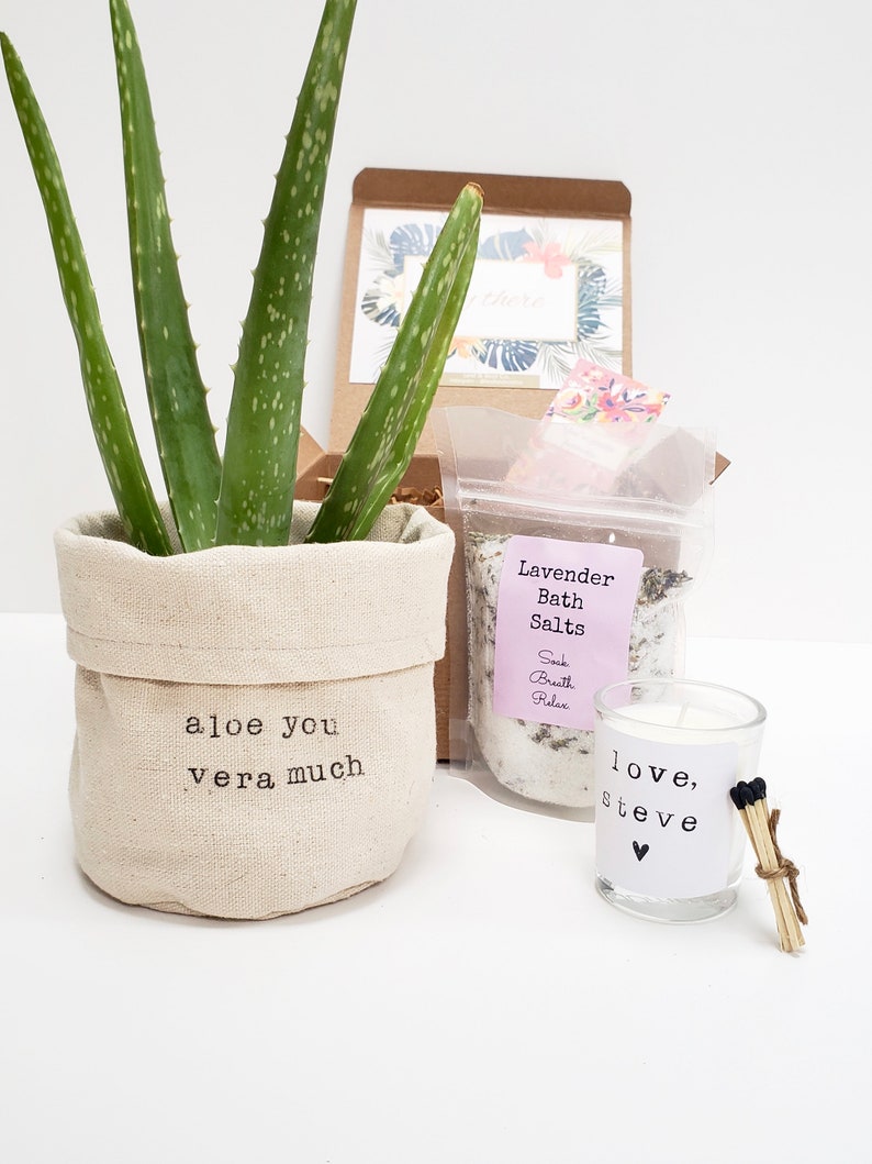 May include: A gift basket with a potted aloe plant, a bag of lavender bath salts, a candle, and matches. The plant pot has the text "aloe you vera much" on it. The candle has the text "love, steve" on it.