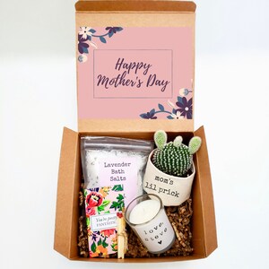 May include: A brown cardboard gift box with a pink lid featuring the text "Happy Mother's Day" and floral designs. The box is open and contains a small potted cactus, a jar of lavender bath salts, a small candle, a matchbook, and a small card with the text "You're pretty fantastic".