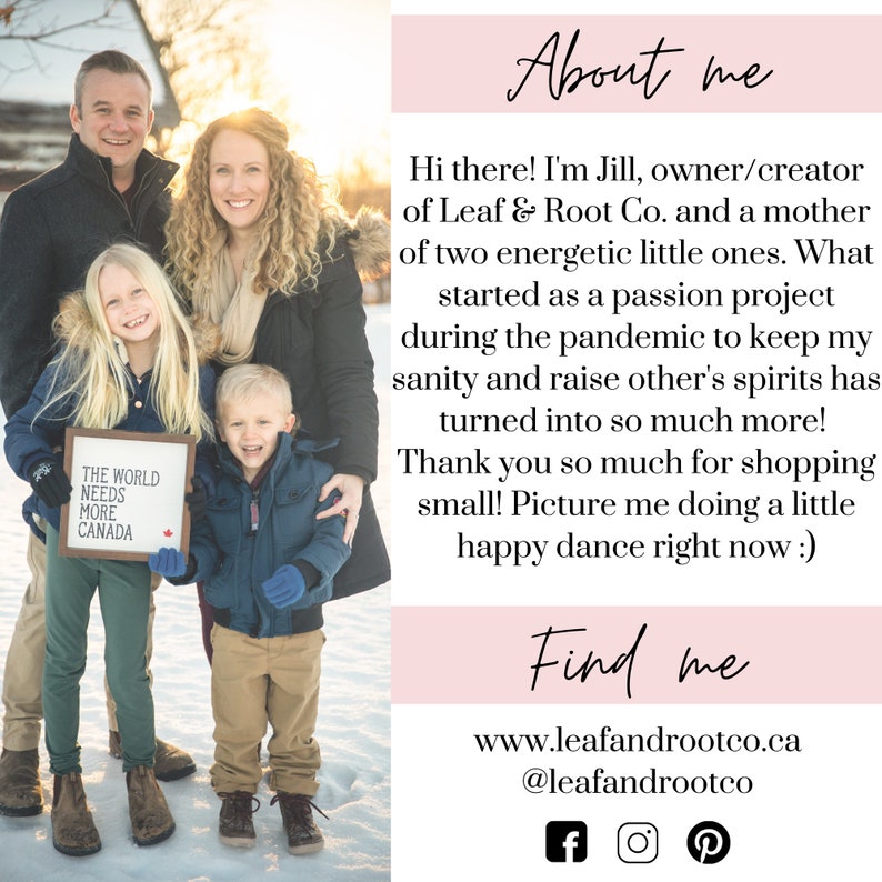 Peut inclure: Une famille de quatre personnes se tient dans la neige, souriante. Les parents tiennent une pancarte sur laquelle est &eacute;crit "Le monde a besoin de plus de Canada". L'image est une photo promotionnelle pour une petite entreprise appel&eacute;e Leaf & Root Co.
