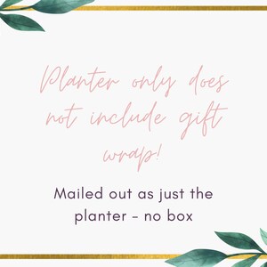 May include: A white card with a gold border and green leafy branches in the corners. The text on the card reads "Planter only does not include gift wrap! Mailed out as just the planter - no box."