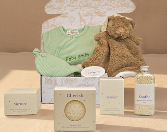 Panier personnalisé pour nouveau-né | Coffret cadeau soins de la peau de bébé bio | Coffret cadeau maternité et post-partum pour maman et nouveau-né | Panier de baby shower