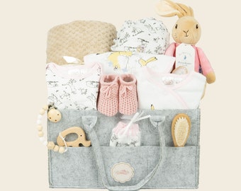 Peter Rabbit New Baby Girl Hamper, Welcome To The World Baby Basket, Nappy Caddy, Baby Shower Hampers, Baby Gift Box Set, Maternity Gift