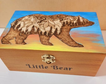 Celtic Bear Jewelry Box. Red Velvety Insides. Pyrography Polar