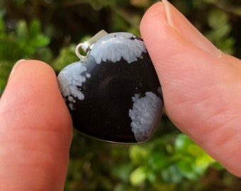 SNOWFLAKE OBSIDIAN Heart Pendant Necklace, Silver-Plated Gemstone