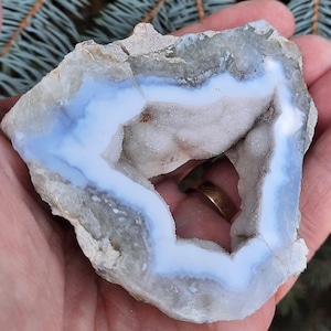 Puede incluir: Una geoda con una gran abertura que revela una formación de cristales blancos y azul claro. La geoda está rodeada por un exterior rugoso y gris.