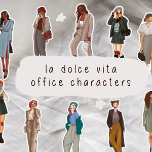 May include: A set of 10 illustrated stickers featuring different characters in office attire. The stickers are on a white background with the text "la dolce vita office characters".