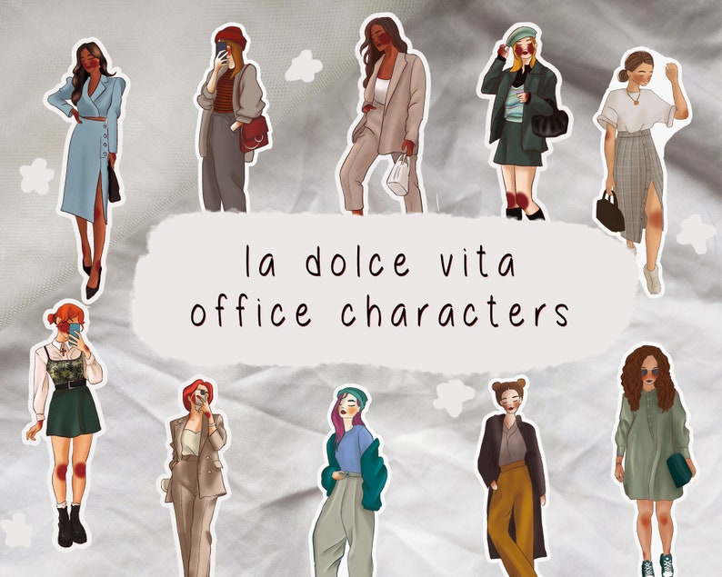May include: A set of 10 illustrated stickers featuring different characters in office attire. The stickers are on a white background with the text "la dolce vita office characters".