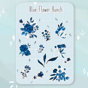 Paquete de pegatinas Blue Flower Bunch // Conjunto de 10 racimos diferentes // Ilustración digital de acuarela
