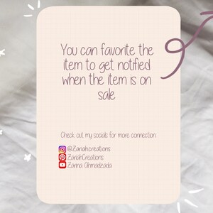 May include: A pink and white graphic with text that reads "You can favorite the item to get notified when the item is on sale."  The graphic also includes social media icons and usernames for Instagram, Pinterest, and YouTube.
