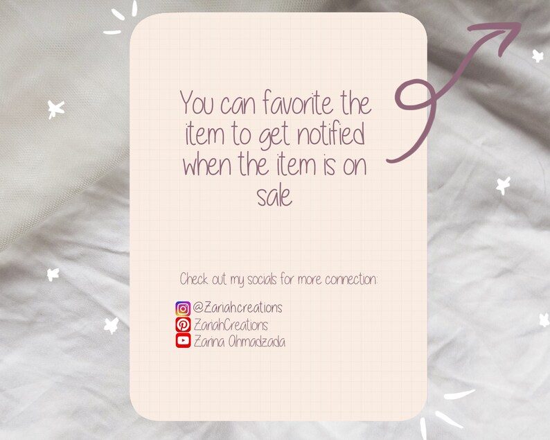 May include: A pink and white graphic with text that reads "You can favorite the item to get notified when the item is on sale."  The graphic also includes social media icons and usernames for Instagram, Pinterest, and YouTube.