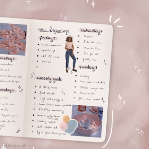 May include: A weekly planner page with a hand-drawn illustration of a woman in a white shirt and blue jeans. The page is divided into sections for each day of the week, with handwritten to-do lists and goals. The page also includes a sticker of a bowl of cereal.