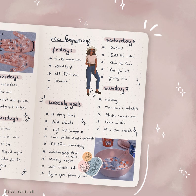 May include: A weekly planner page with a hand-drawn illustration of a woman in a white shirt and blue jeans. The page is divided into sections for each day of the week, with handwritten to-do lists and goals. The page also includes a sticker of a bowl of cereal.