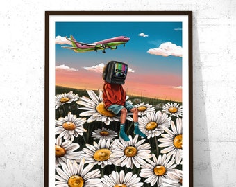 Limited "No Signal" Art Print, Retro TV Art Print, Flower Field, nature painting