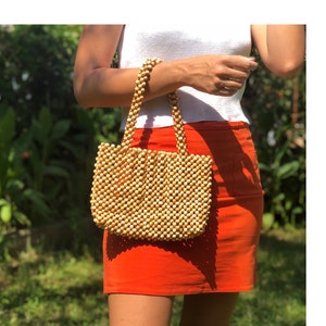 Bolso de cuentas de madera I Monedero de cuentas I Bolso de mano I Bolso de hombro de cuentas I Bolso hecho a mano I Bolso de cuentas vintage I Bolso beige I