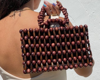 Wooden Beaded Bag I Beaded Purse I Clutch Bag I Beaded Shoulder Bag I Handmade Bag I Vintage Beads Bag I Brown Bag I