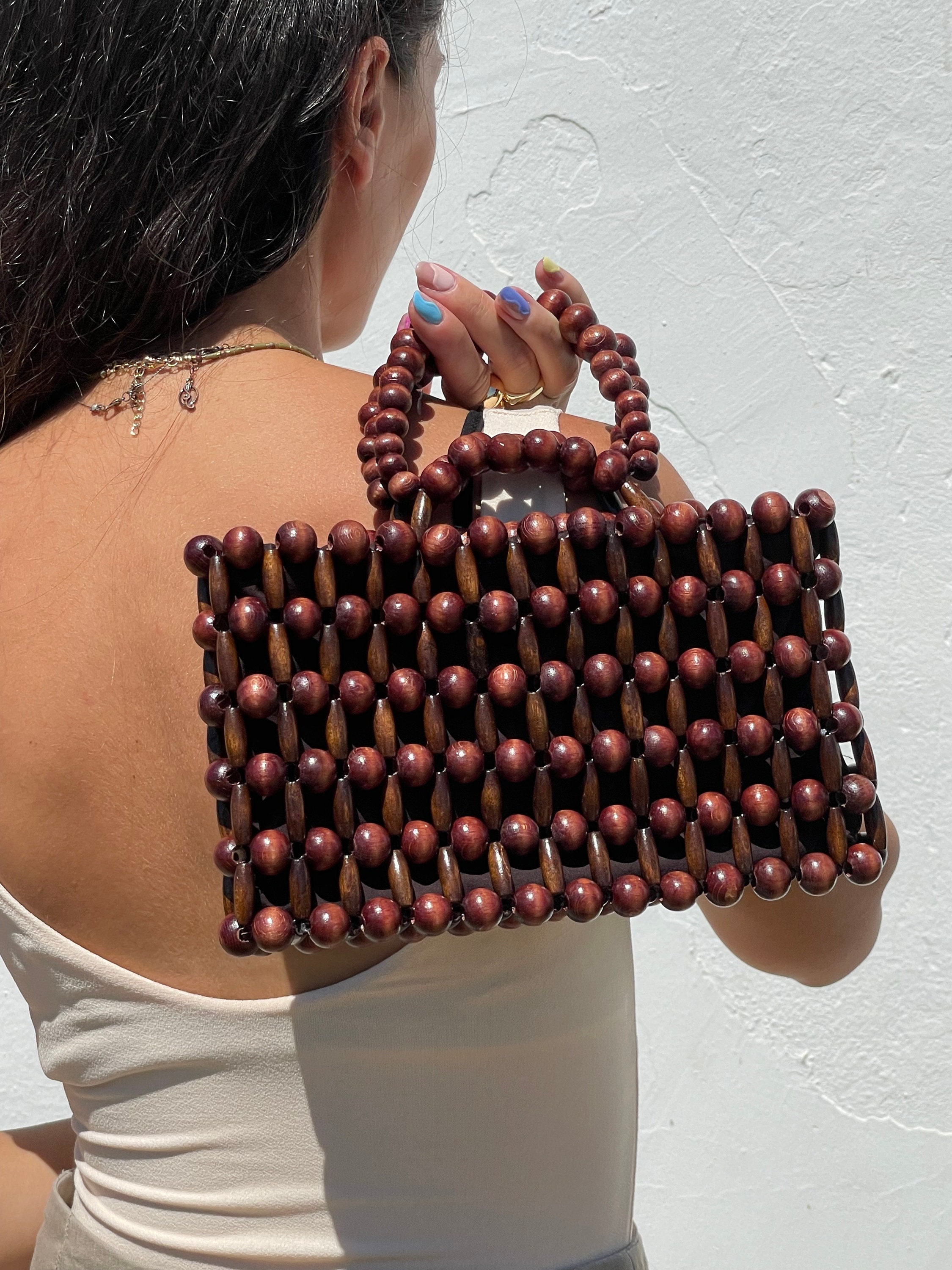 ショルダーバッグ・ポシェット RUBATI Handmade tassel wooden bead bag brown Wooden Beads Bag/ Brown Natural Bamboo Handmade Shoulder