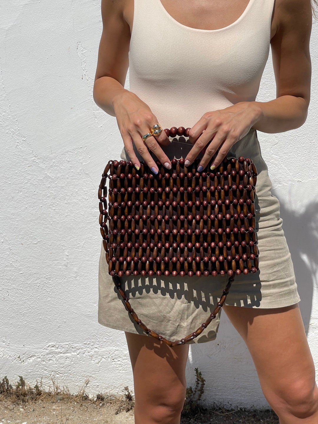 ショルダーバッグ・ポシェット RUBATI Handmade tassel wooden bead bag brown Wooden Beaded Bucket Bag, Beige Bamboo Handmade Shoulder Bag
