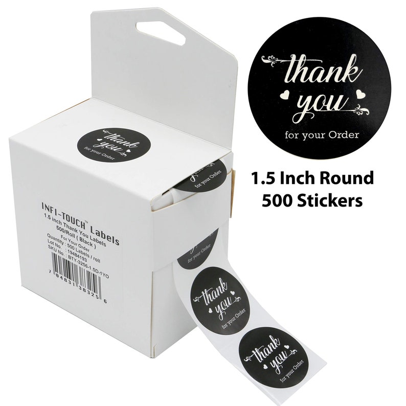 500 Pcs Thank You 1.5" Round BLACK Sticker Roll With Dispenser Box - Etsy