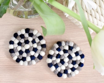 Felt Ball Coasters - Set of 2 -  Handmade in Nepal - 10cm Round Tea Coasters