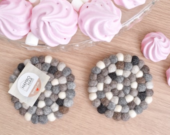 Felt Ball Coasters - Set of 2 -  Handmade in Nepal - 10cm Round Tea Coasters
