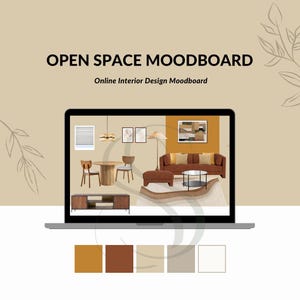 May include: A laptop screen displays an interior design mood board with the text "OPEN SPACE MOODBOARD" and "Online Interior Design Moodboard." The mood board features a living room and dining room design with a brown sofa, round table, and neutral color palette.