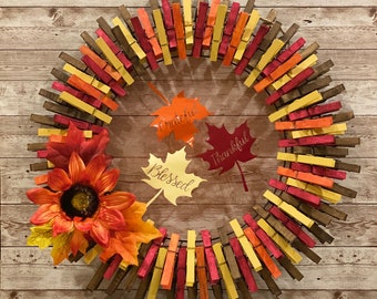 Fall Colors / Fall Leaves / Grateful, Thankful, Blessed - Clothespin Wreath / Front Door Wreath / Home Decor - Multiple Sizes available