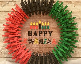 Happy Kwanzaa / Green Red and Black / Candles / Holiday Clothespin Wreath / Front Door Wreath / Home Decor - Multiple Sizes available