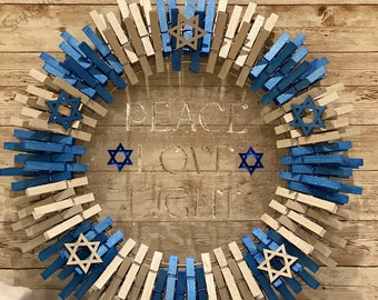 Peace Love Light, Blue and Silver, Hanukkah, Star of David - Clothespin Wreath, Front Door Wreath, Home Decor - Multiple Sizes available