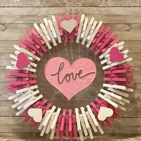 Valentine's Day / Pink and White / Hearts / Love / Clothespin Wreath / Front Door Wreath / Home Decor - Multiple Sizes available