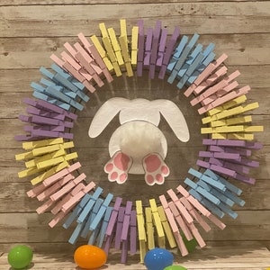 Easter Bunny / Bunny Butt / Bunny Tail / Pink Purple Yellow Blue Clothespin Wreath / Front Door Wreath /Home Decor -Multiple Sizes available