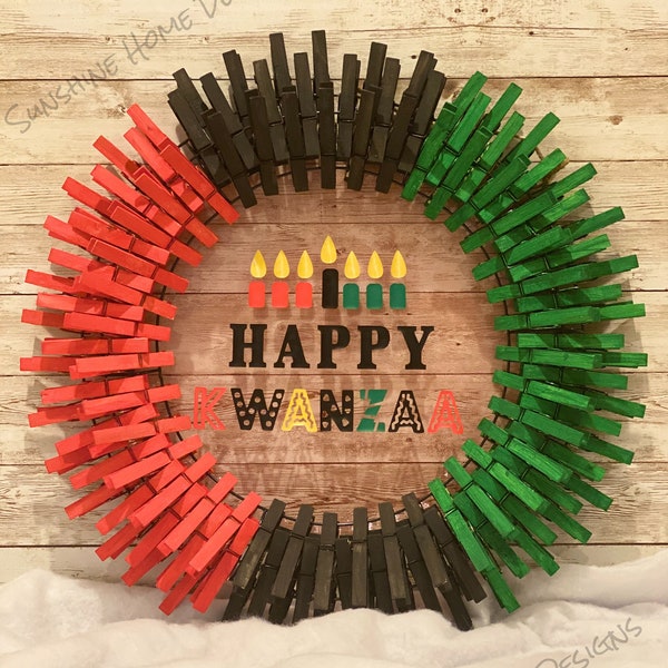 Happy Kwanzaa / Green Red and Black / Candles / Holiday Clothespin Wreath / Front Door Wreath / Home Decor - Multiple Sizes available