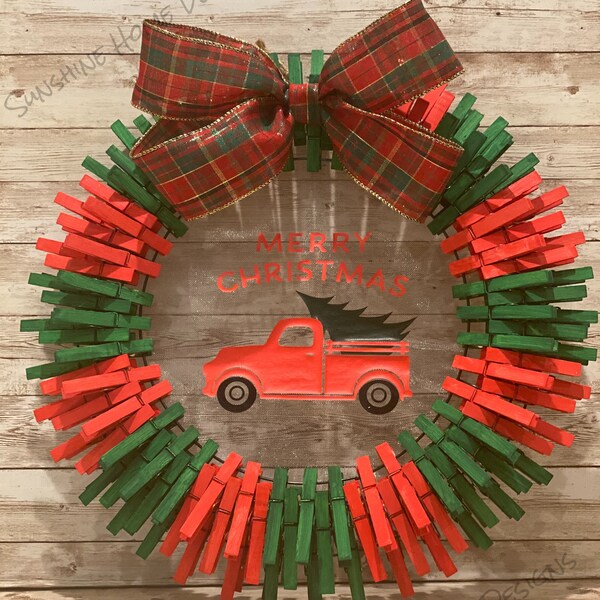 Christmas Truck / Merry Christmas / Red and Green Holiday Clothespin Wreath / Front Door Wreath / Home Decor - Multiple Sizes available