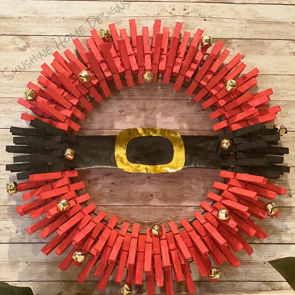 Santa Claus / Santa Belt / Jingle Bell / Christmas / Holiday Clothespin Wreath / Front Door Wreath / Home Decor - Multiple Sizes available