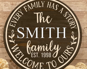 Every Family Has a Story - Welcome to Ours, Round Family Name, Established Wood Sign - Custom / Personalized - Multiple Sizes Available