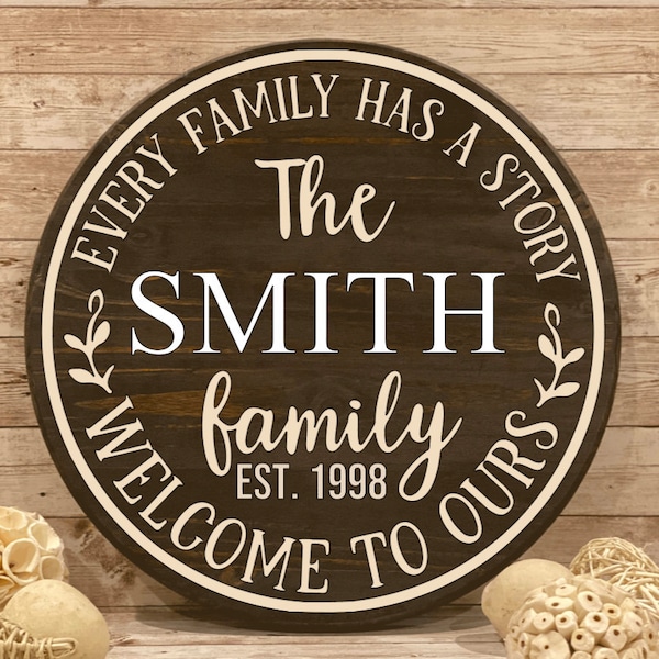 Every Family Has a Story - Welcome to Ours, Round Family Name, Established Wood Sign - Custom / Personalized - Multiple Sizes Available