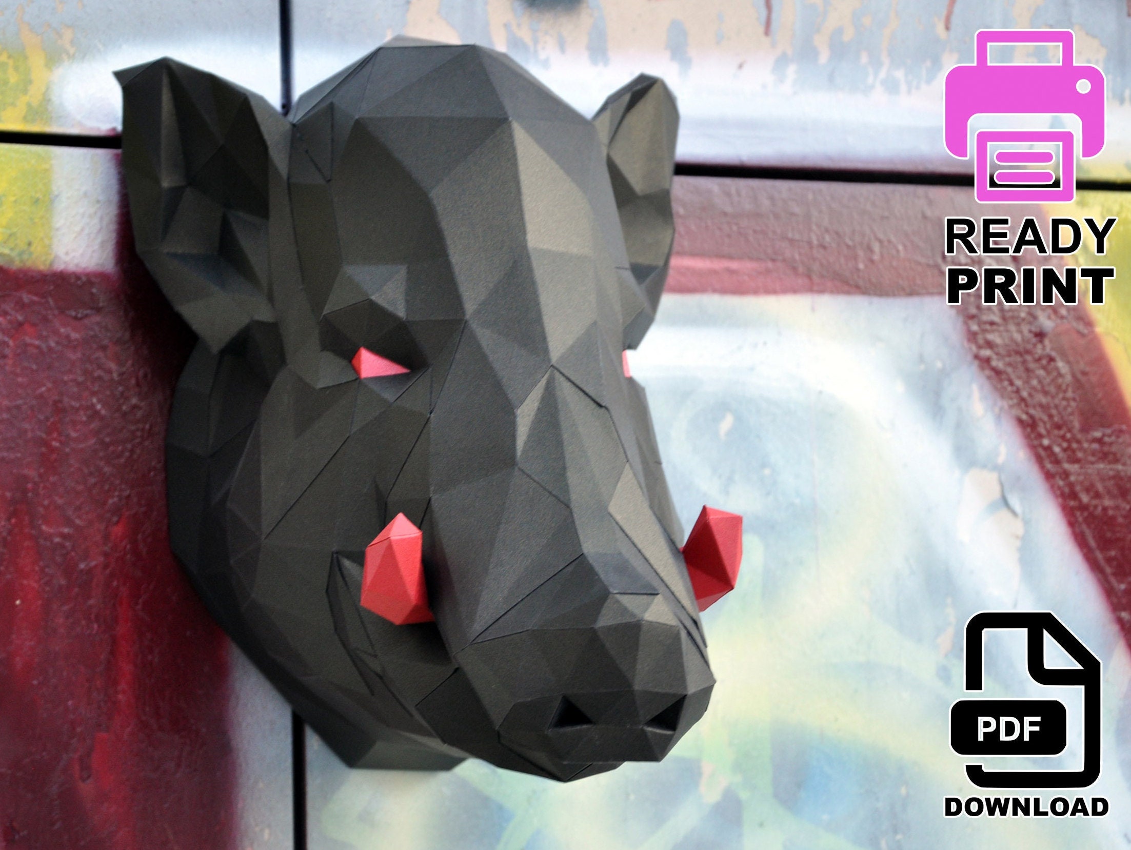 Pig Head Pattern Papercraft Sculpture PDF Template Polygonal Etsy