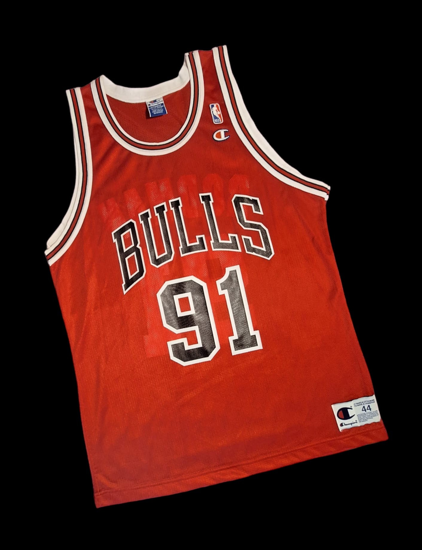 Authentic Dennis Rodman Chicago Bulls black pinstripe jersey 48 Champion  gold