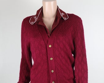 ¡Cárdigan de Acedemia oscuro VINTAGE de los años 70, JERSEY de punto de cable vintage! Punto de cable burdeos de los años 70, jersey de punto de los años 70, talla mediana para hombre, talla 14 para mujer