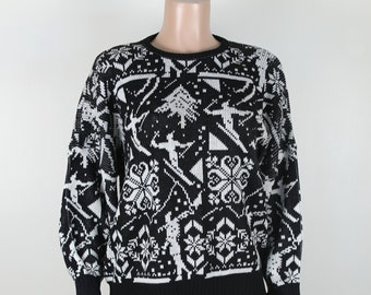 Jersey blanco y negro vintage de los años 80, jersey Ew David, jersey Schitt's Creek, jersey David Rose, punto David Rose, suéter de invierno, feo de los años 80