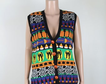 Vintage jaren '90 HALLOWEEN Vest, Vintage Trick or Treat, Spinnen, Spinnenwebben, Vleermuizen, Zwarte Katten, Pompoenen, Vintage jaren '90 Vest, Maat Grote jaren '90 Brei