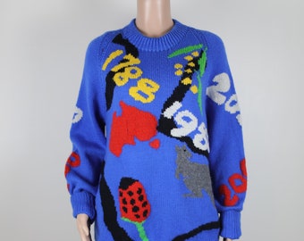 Vintage 80s Australiana Themed Jumper, Hand Knitted Jumper, Size 14 Womens, 80s Australiana, Captain Cook, Kangaroo, Banksia, Wattle Knit