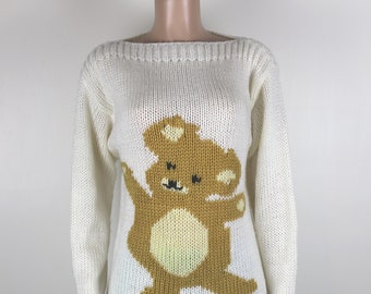 Vintage 90s Teddy Bear Wool Knitted Jumper, 90s Sweater, 90s Knit, Vintage 90s Jumper, 90s Sweater, Cute 90s Knitted Jumper Size 14, Medium