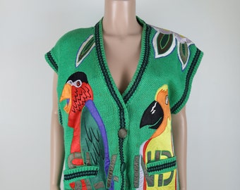 Gilet vintage anni '80! Gilet con pappagallo arcobaleno, gilet con uccello, maglia vintage con uccello, maglia di lana, maglia anni '80, Kath and Kim, gilet anni '80, brutti anni '80, pappagallo arcobaleno