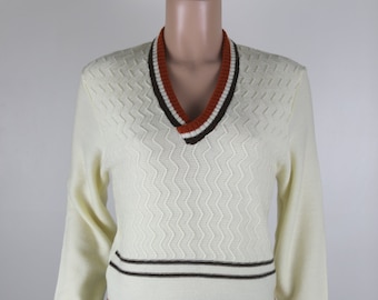 Vintage 70s Dark Academia Jumper, Vintage 70s Tennis Jumper, Vintage Tennis, Vintage Academia Jumper, 70s Beige Knitted Jumper, 70s UNISEX