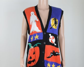 Vintage 90s HALLOWEEN Vest, Vintage Witch, Ghost, Bat, Jack O'Lantern, Knitted Vest, Hand Knit, Vintage 90s Vest, Size Extra Large