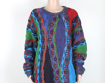 VINTAGE anni '90 Arcobaleno stile COOGI Maglia! Maglione testurizzato vintage anni '90, maglia a trecce strutturata, Notorious Big, Snoop Dog, maglia taglia grande anni '90