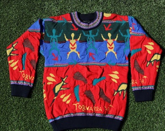 Vintage 90s Australian Knitted Jumper, 90s Sweater, 90s Knit, 90s Jumper, Boomerang, Aboriginal Art, Australian Animals, Kangaroo, 90s Wool